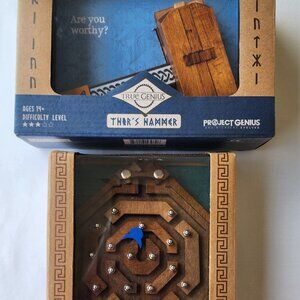 True Genius Wood Brain Teaser Two Puzzles Minotaur's Labyrinth & Thor's Hammer